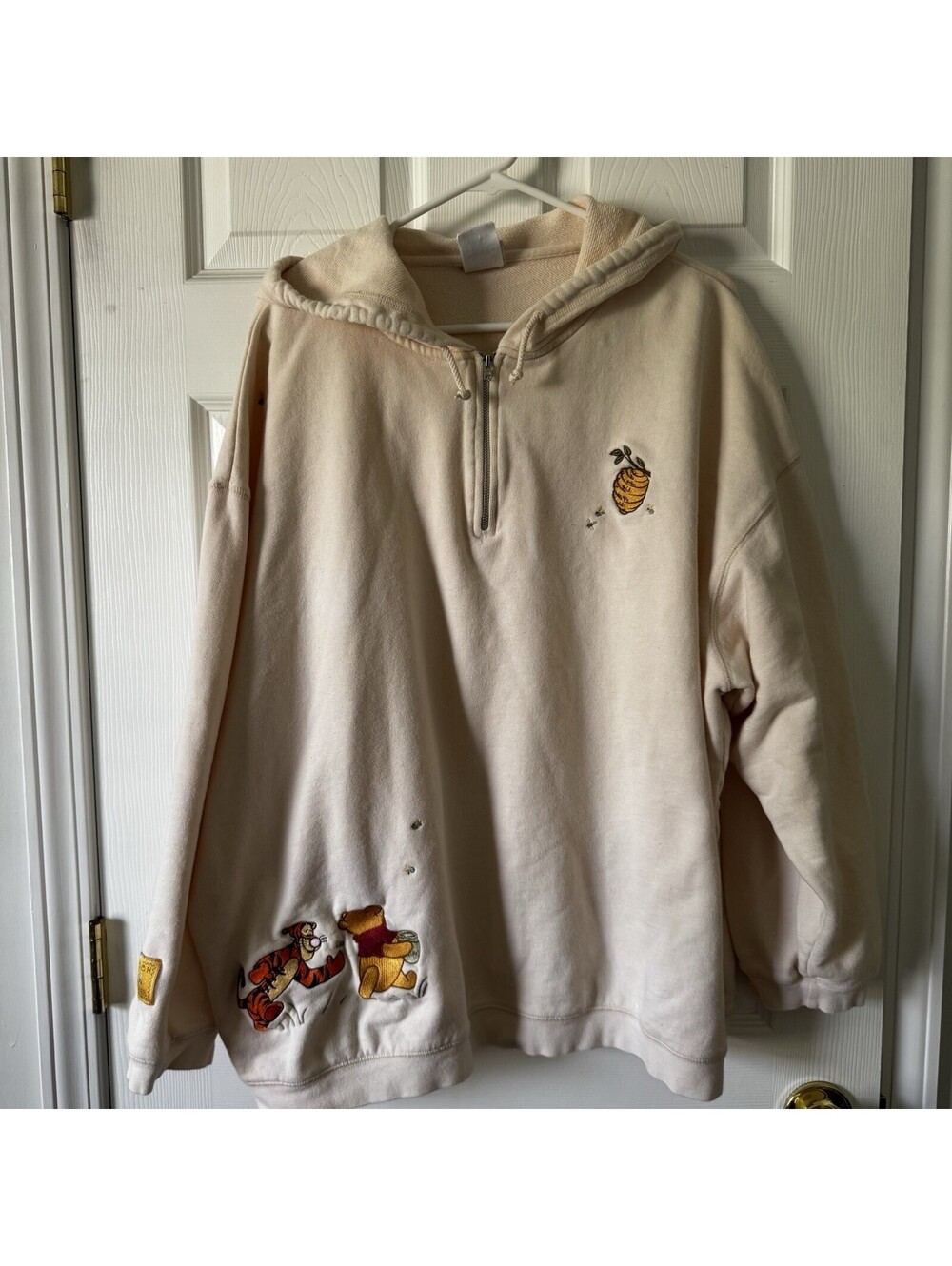 Disney Store Winnie The Pooh Embroidered Half Zip Hoodie Cream 2XL Vintage